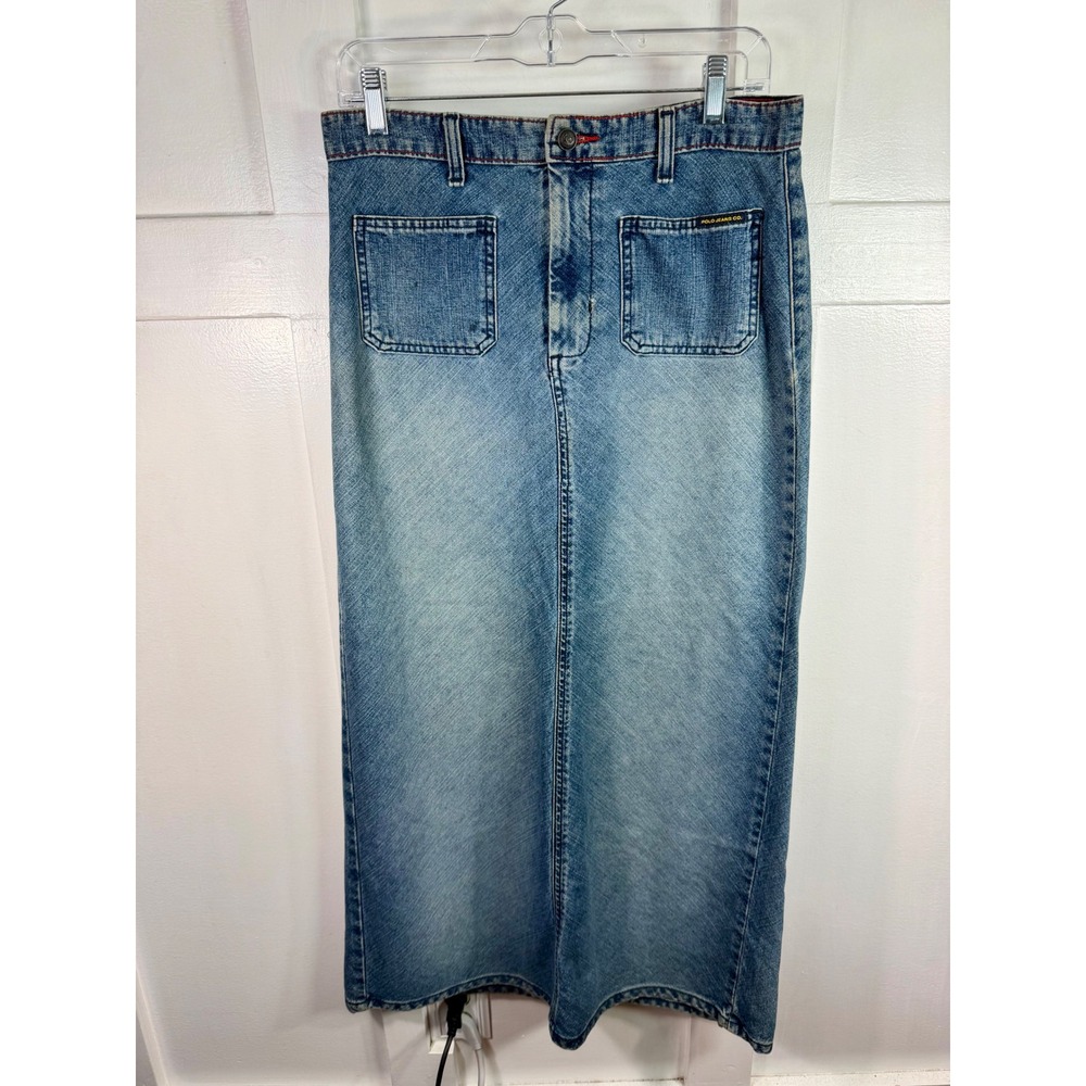 Vintage Y2K Polo Co Ralph Lauren Denim Maxi Skirt Blue Patch Pocket Bias Cut